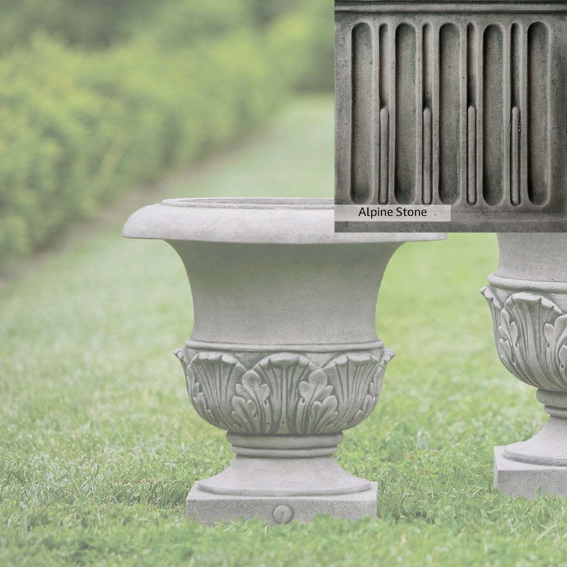 Alpine Stone Patina for the Campania International Williamsburg Acanthus Small Planter, a medium gray with a bit of green to define the details.