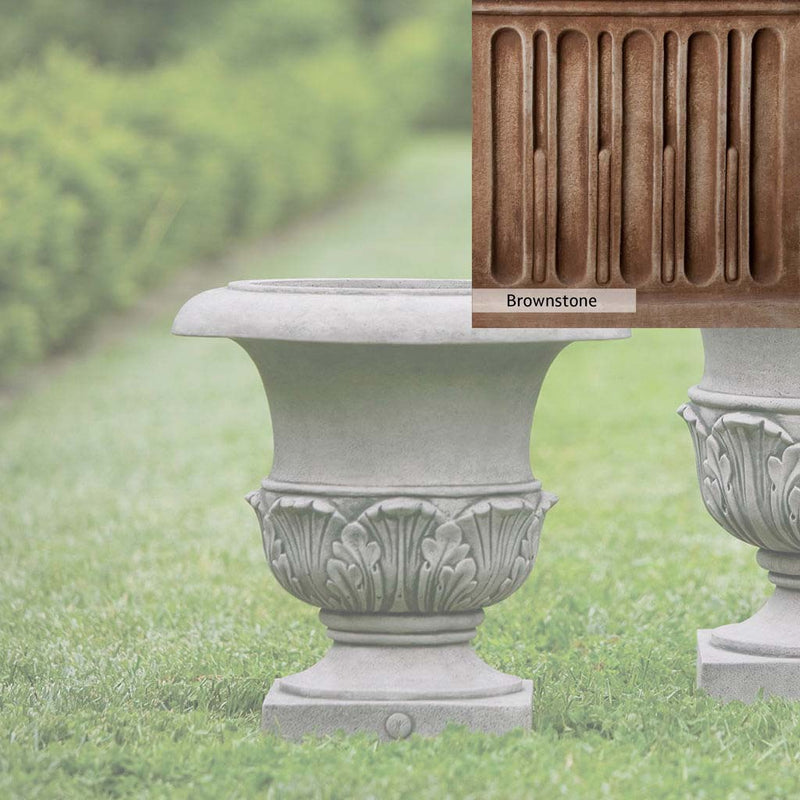 Brownstone Patina for the Campania International Williamsburg Acanthus Small Planter, brown blended with hints of red and yellow, works well in the garden.