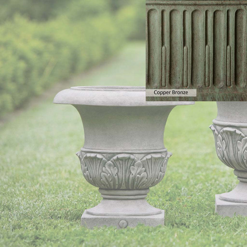 Copper Bronze Patina for theCampania International Williamsburg Acanthus Small Planter, blues and greens blended into the look of aged copper.