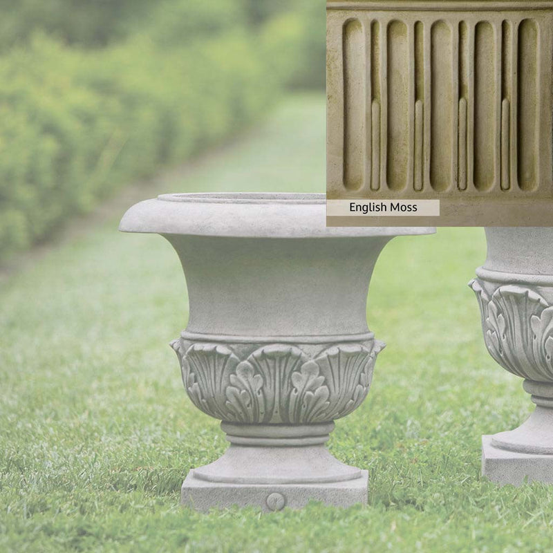 English Moss Patina for the Campania International Williamsburg Acanthus Small Planter, green blended into a soft pallet with a light undertone of gray.