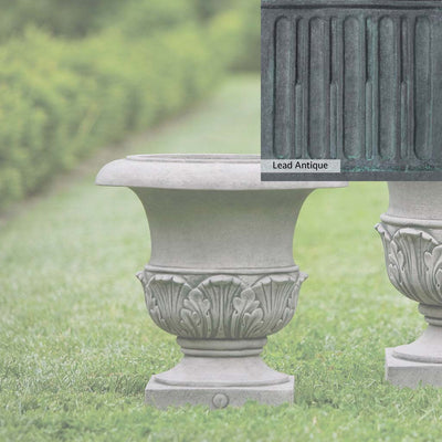 The Lead Antique Patina for the Campania International Williamsburg Acanthus Small Planter, aged blue and grey layered to give the look of a classic antique lead patina.