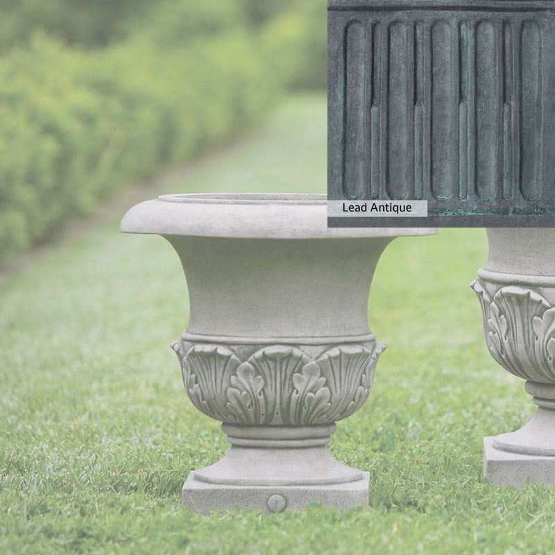 The Lead Antique Patina for the Campania International Williamsburg Acanthus Small Planter, aged blue and grey layered to give the look of a classic antique lead patina.