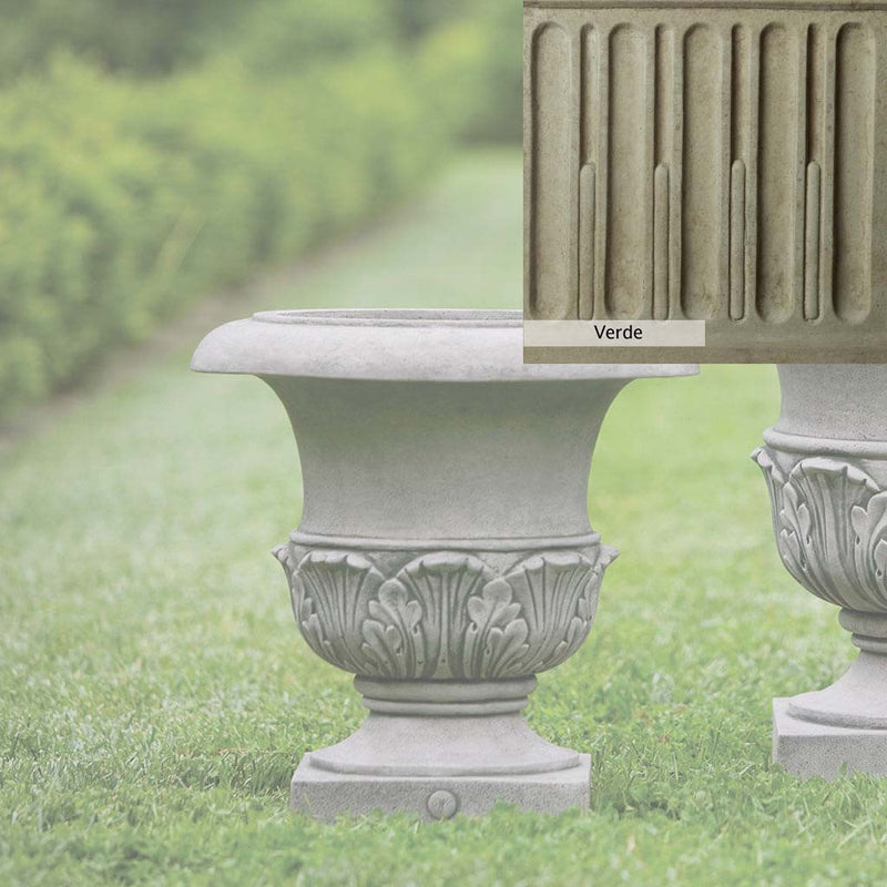 Verde Patina for the Campania International Williamsburg Acanthus Small Planter, green and gray come together in a soft tone blended into a soft green.