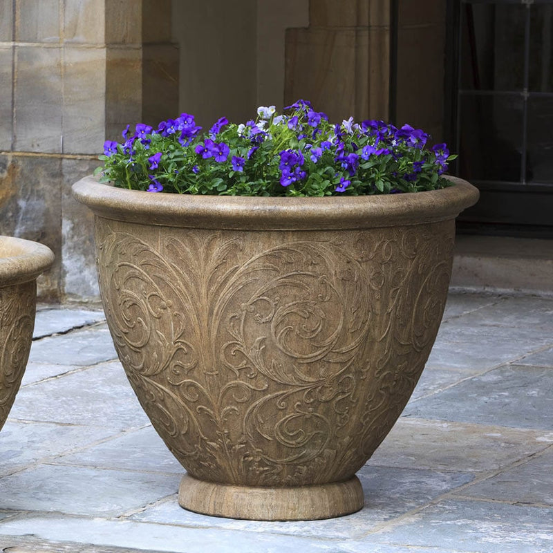 Campania International Arabesque Large Planter is shown in the Aged Limestone Patina. Made from cast stone.