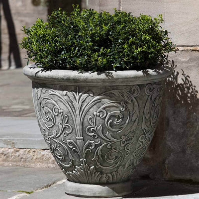 Campania International Arabesque Small Planter is shown in the Alpine Stone Patina. Made from cast stone.