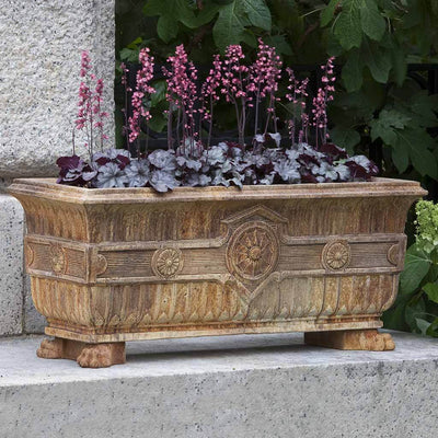 Campania International Smithsonian Eastlake Fern Box is shown in the Ferro Rustico Nuovo Patina. Made from cast stone.