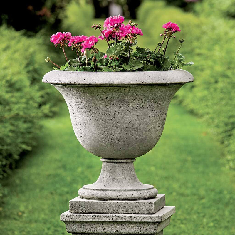 Campania International Fairfield Urn is shown in the Alpine Stone Patina. Made from cast stone.