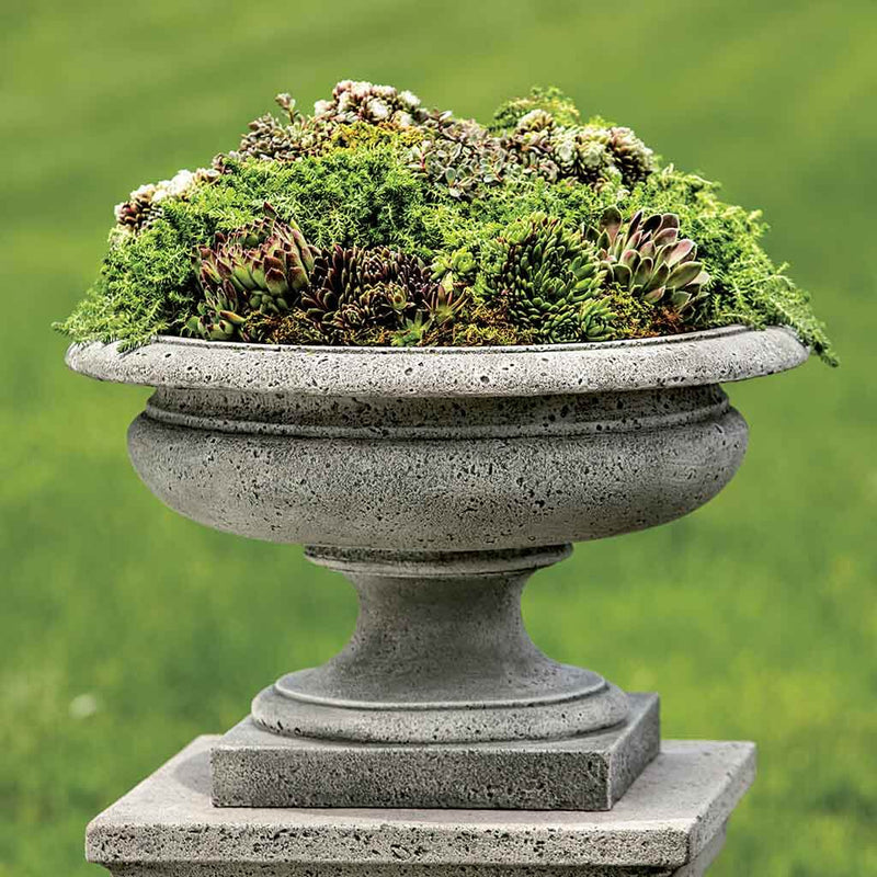 Campania International Rustic Palazzo Urn is shown in the Alpine Stone Patina. Made from cast stone.