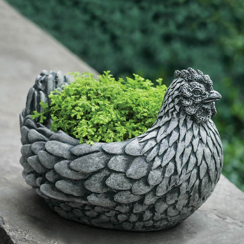Campania International Chicken Planter is shown in the Alpine Stone Patina. Made from cast stone.