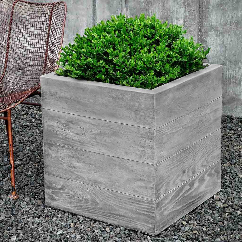 Campania International Chenes Brut Large Box Planter is shown in the Greystone Patina. Made from cast stone.