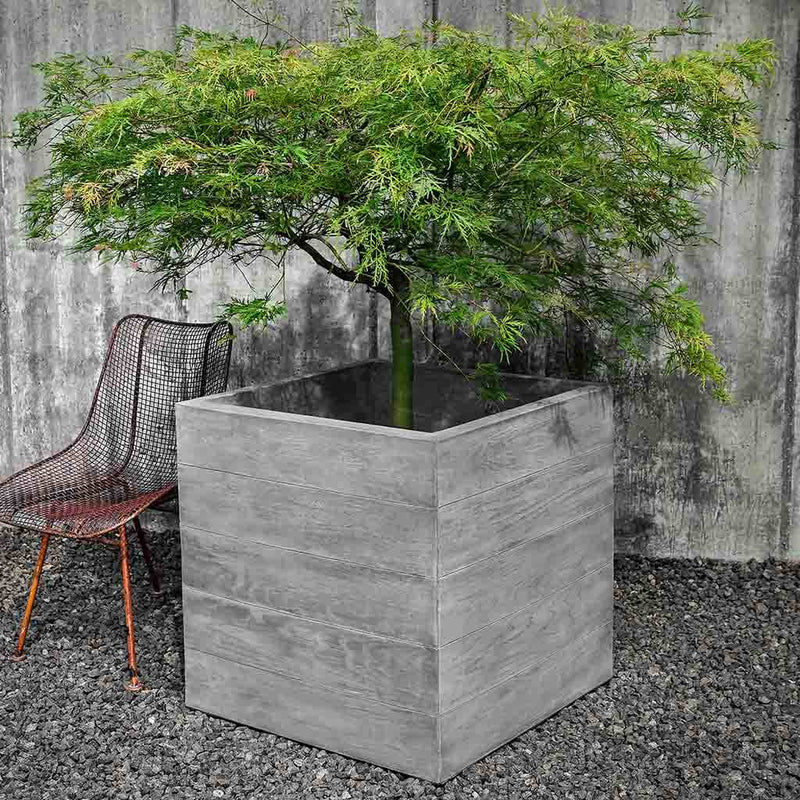 Campania International Chenes Brut Box Planter is shown in the Greystone Patina. Made from cast stone.