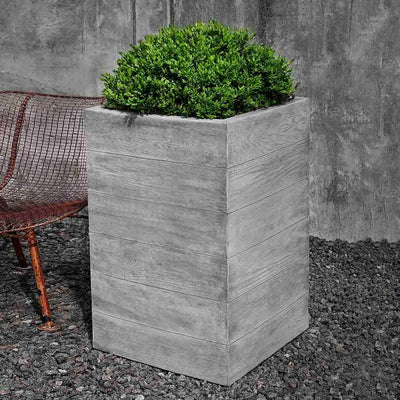 Campania International Chenes Brut Tall Box Planter is shown in the Greystone Patina. Made from cast stone.