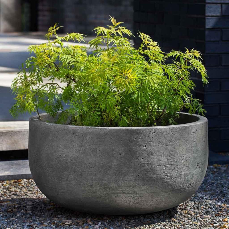 Campania International Low Tribeca Planter is shown in the Greystone Patina. Made from cast stone.