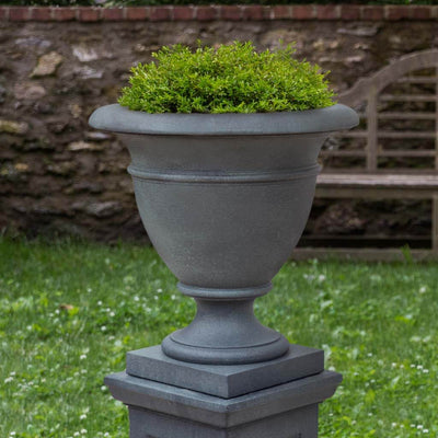 Campania International St. James Large Urn is shown in the Lead Antique Patina. Made from cast stone.