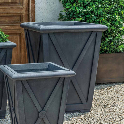 Campania International Directoire Large Planter, ready for plants, great for entryways or patios, shown in the Lead Antique Patina. Made from cast stone.