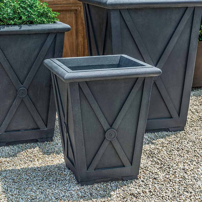 Campania International Directoire Small Planter, ready for plants , ideal for entryways or patios, shown in the Lead Antique Patina. Made from cast stone.