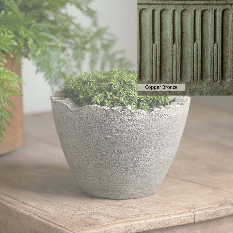 Copper Bronze Patina for theCampania International Mini Broken Egg Planter, blues and greens blended into the look of aged copper.