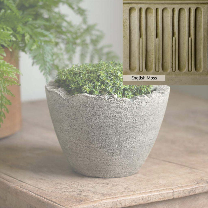 English Moss Patina for the Campania International Mini Broken Egg Planter, green blended into a soft pallet with a light undertone of gray.