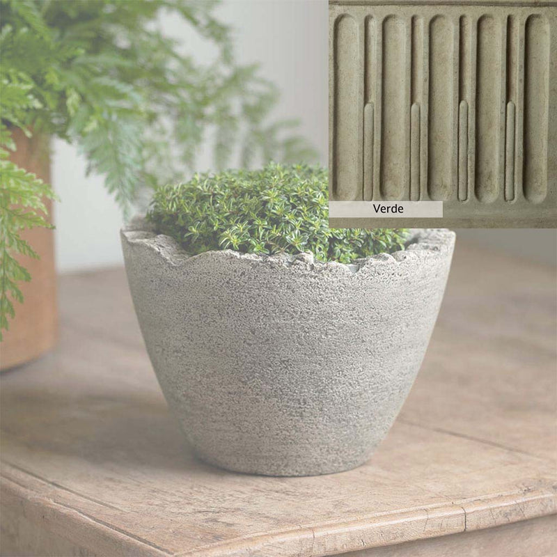 Verde Patina for the Campania International Mini Broken Egg Planter, green and gray come together in a soft tone blended into a soft green.