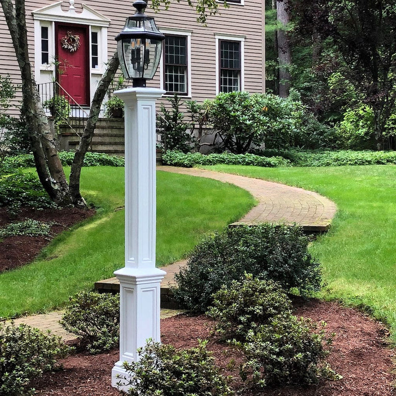 The Mayne Signature Lamp Post with Mount, in the white finish, installed for curb appeal.
