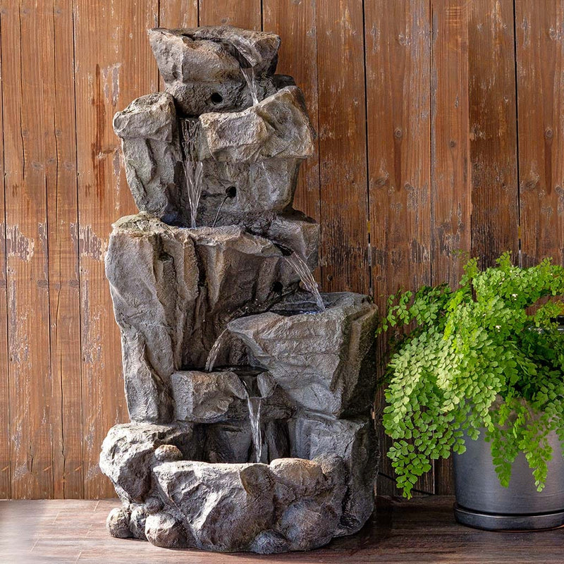 Rocky Falls Tiered Fountain with LED Lights in Stone Grey by Tivoli