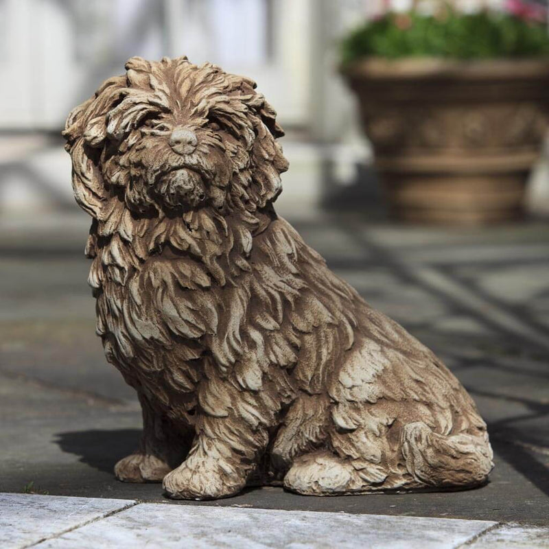 Campania International Fluffy Dog Garden Dog Statue has the sweet expression, cute nose, and of course all that fur. This fabulous dog statue captures all the personalities of the dog. Shown in Brownstone for every detail to stand out.