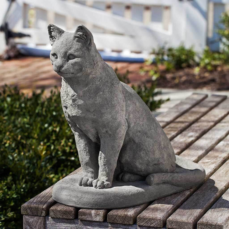 Campania International Garden Cat Statue, set in the garden to add charm and character. The statue is shown in the Greystone Patina.