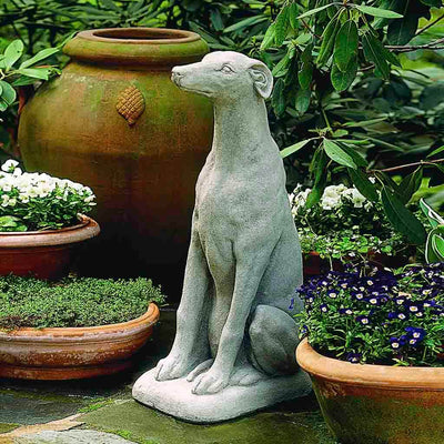 Campania International Greyhound Statue stained in the Greystone  patina, the ideal color for this garden statue.