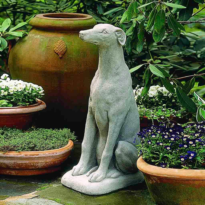 Campania International Greyhound Statue stained in the Greystone  patina, the ideal color for this garden statue.
