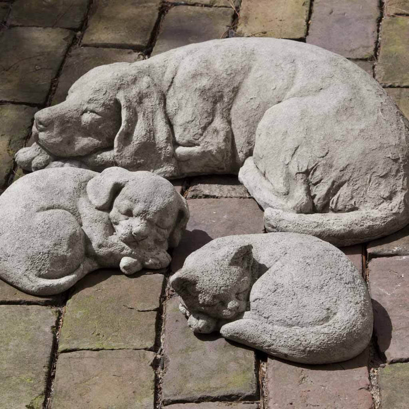 Campania International Curled Dog Statue stained in the Greystone  patina, the ideal color for this garden statue.
