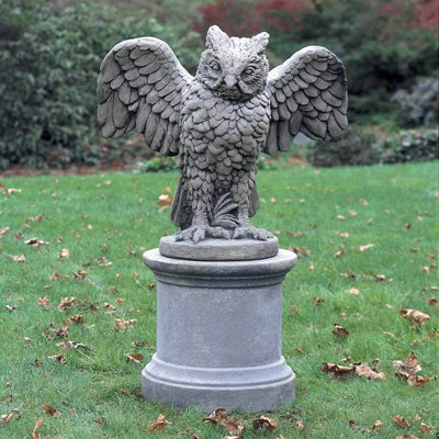 Campania International Soaring Owl Statue , set in the garden to add charm and character. The statue is shown in the Alpine Stone Patina.