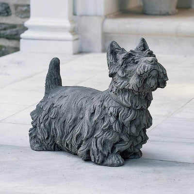Campania International Angus Scotty Dog Statue, is a classic Campania Statue. Angus the Scotty Dog is ready to for all the greetings. Stained in a very dark version of the Alpine Stone Patina.
