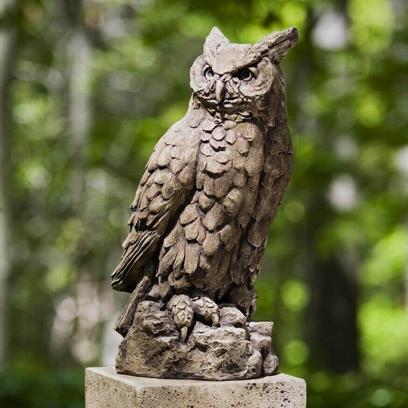 Campania International Large Horned Owl Statue , set in the garden to add charm and character. The statue is shown in the Brownstone Patina.