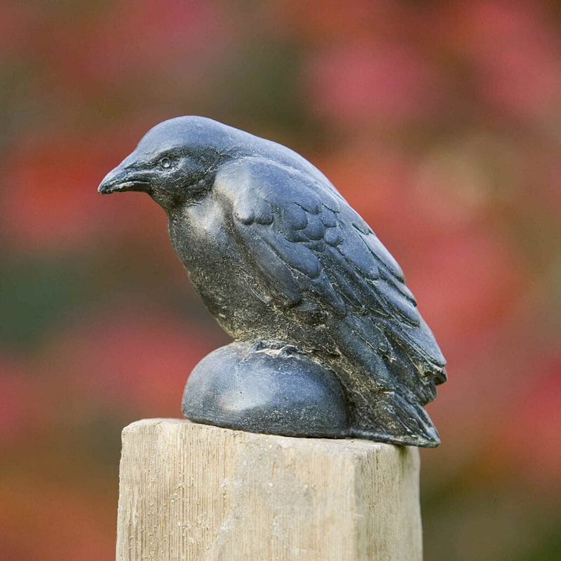 Campania International Small Raven Statue , set in the garden to add charm and character. The statue is shown in the Nero Nuovo Patina.