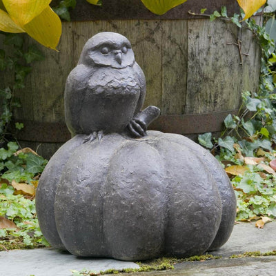 Campania International Owl on Pumpkin Statue stained in the Nero Nuovo patina, the ideal color for this garden statue.