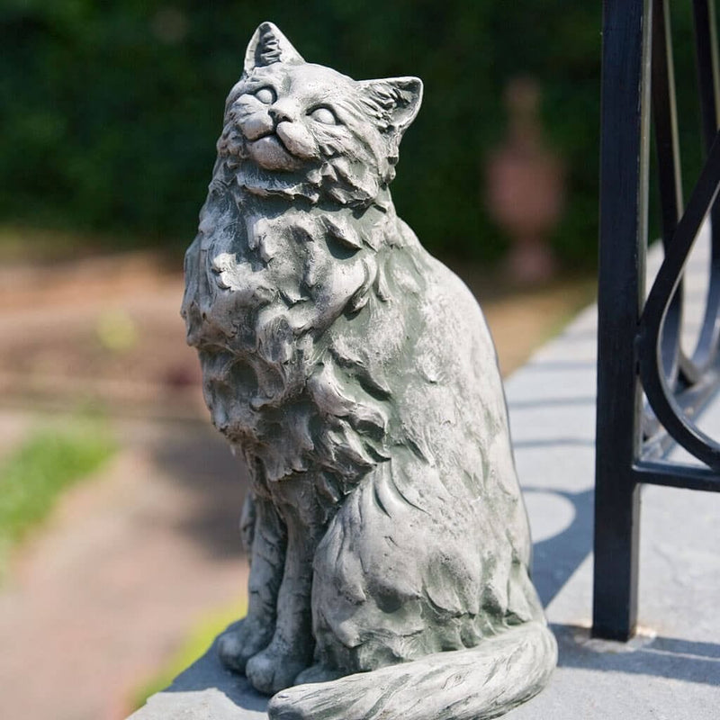 Campania International Tanner the Cat Statue stained in the Alpine Stone  patina, the ideal color for this garden statue.