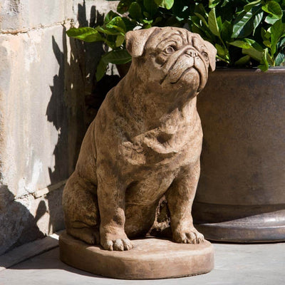 Campania International Mugsy the Dog Statue stained in the Brownstone  patina, the ideal color for this garden statue.