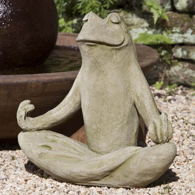 Campania Internationals Totally Zen Frog Statue stained in the English Moss patina, the ideal color for this garden statue.