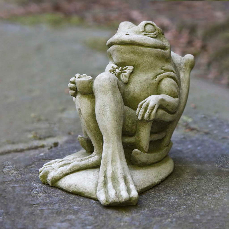 Campania International Coffee Frog Statue , set in the garden to add charm and character. The statue is shown in the English Moss Patina.