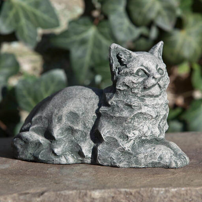 Campania International Cleo Cat Garden Statue stained in the Alpine Stone  patina, the ideal color for this garden statue.