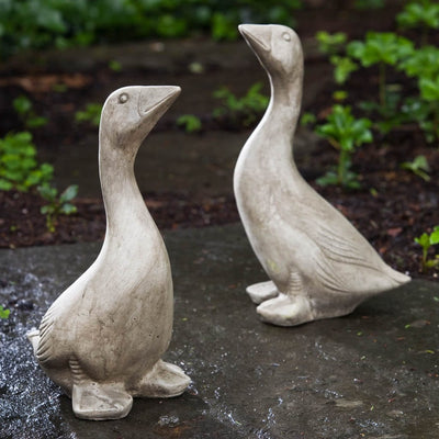 Campania International Kates Goose Statue , set in the garden to add charm and character. The statue is shown in the Verde Patina.
