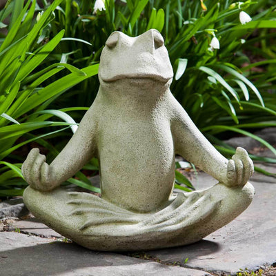 Campania International Totally Zen Too Frog Statue stained in the English Moss patina, the ideal color for this garden statue.