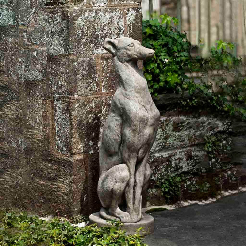 The Campania International Antique Greyhound Dog Statue has been a staple statue in homes troughout time. Symbolising the knightly virues of faith, hunting and an aristocratic way of life. The Greyhound Dog Statue is the perfect addition to an entryway and interior decor. Shown in the Greystone Patina to display all the contours of the sculpture., set in the garden to add charm and character. The statue is 