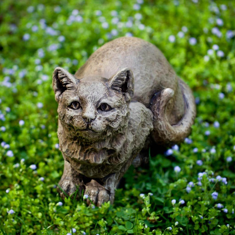 Campania International Patience the Cat Garden Statue stained in the Brownstone  patina, the ideal color for this garden statue.
