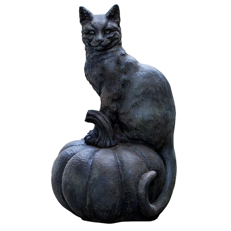 Aged Limestone Patina for the Campania International Cat on Pumpkin Statue, set in the garden to add charm and character. The statue is 