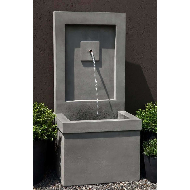 Campania International Brentwood Fountain is made of cast stone and shown in in the Alpine Stone Patina.