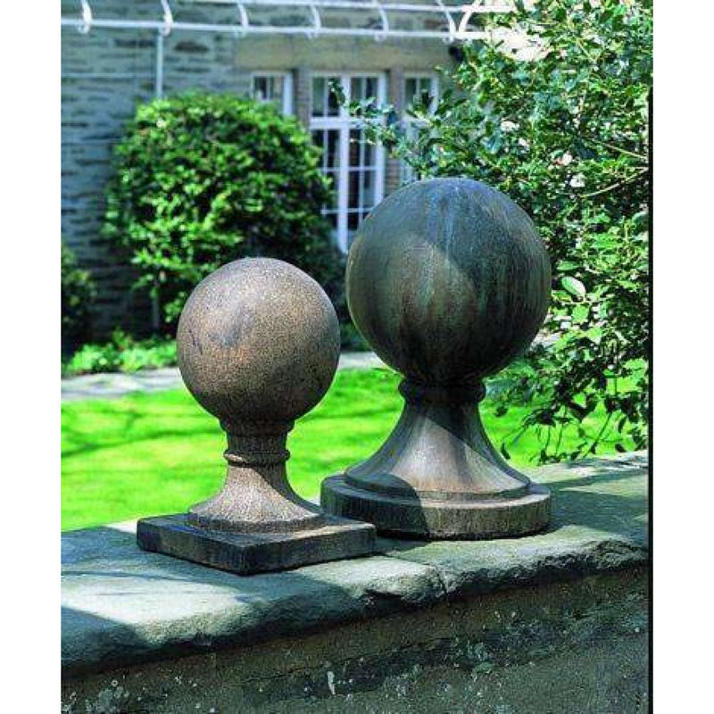 Campania International Small Sphere with Square Base stained in the Aged Limestone patina, the ideal color for this garden statue.