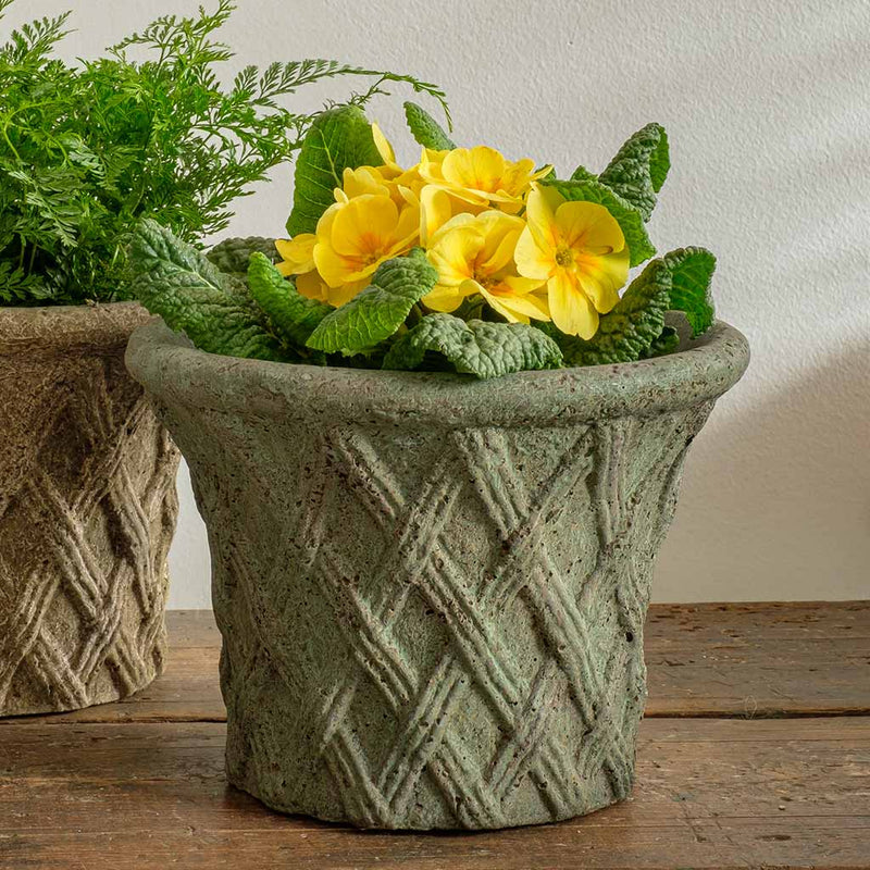 Campania International Antique Lattice Planter is tabletop perfection planted with yellow flowers and shown in the Copper Bronze Patina. Made from cast stone.