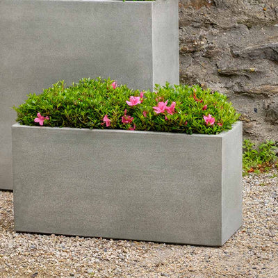 Campania International Metro Box Planter filled with flowering foliage, perfect for patios, shown in the Alpine Stone Patina. Made from cast stone.