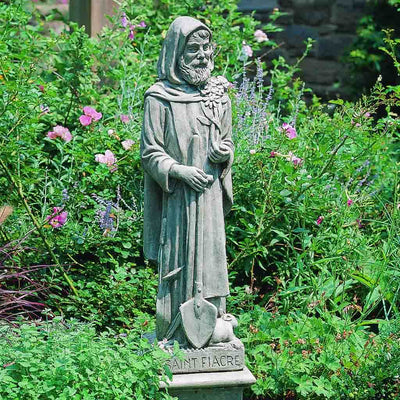 Campania International Saint Fiacre Statue stained in the Greystone patina, the ideal color for this garden statue.